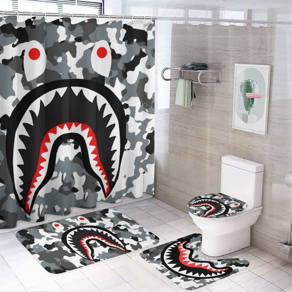 Bape Shark 4Pcs Family Shower Curtain Sets with Non-Slip Rugs