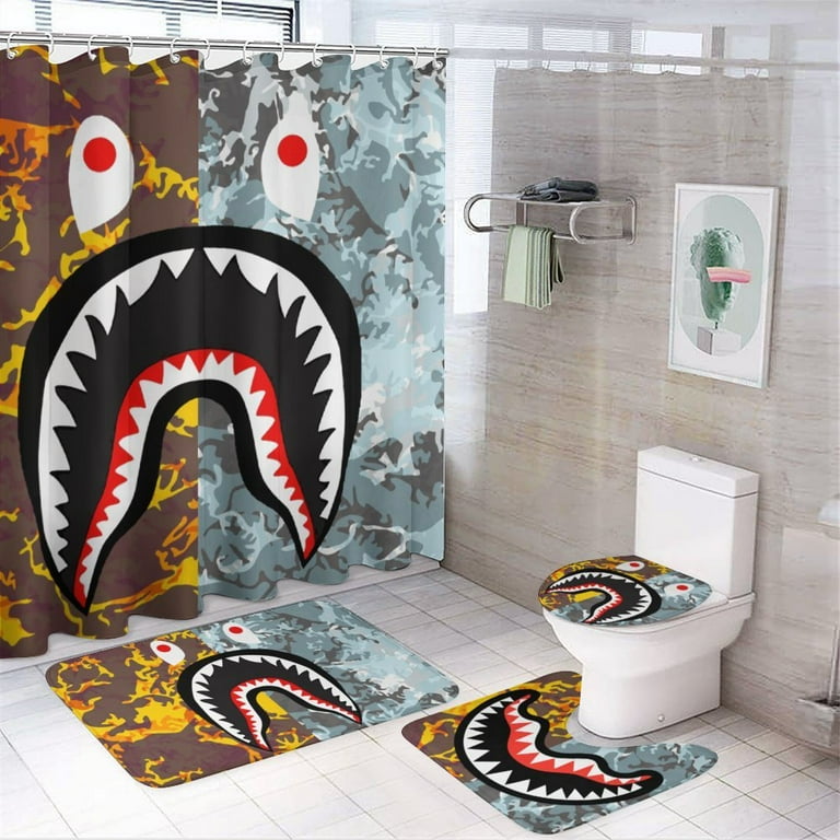 Bape Shark 4Pcs Family Shower Curtain Sets with Toilet Lid Cover