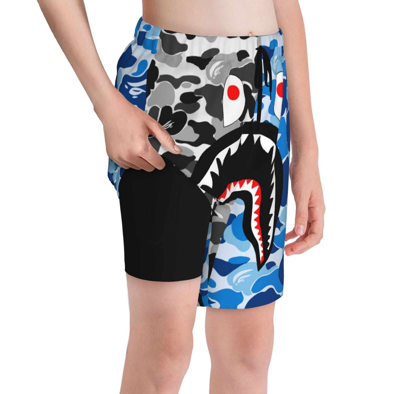 Bape Shark Camo Boys Swim Trunks Compression Liner Swim Shorts Beach Quick Dry Bathing Suit With