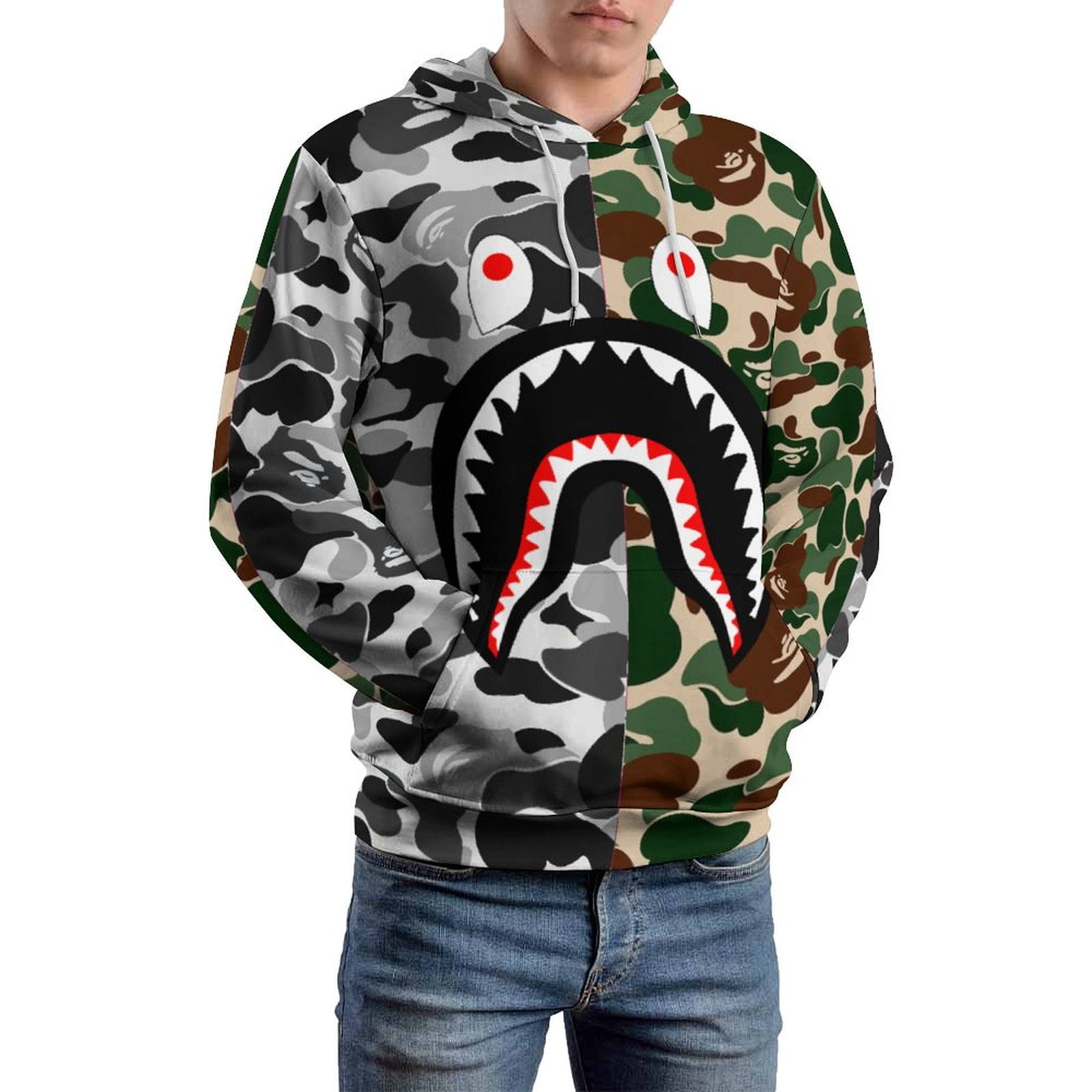 Bape Shark Camo Hoodie 3D Print Pullover Hooded Long Sleeve Sweatshirts Tops Blouse with Pocket for Mens Womens Walmart