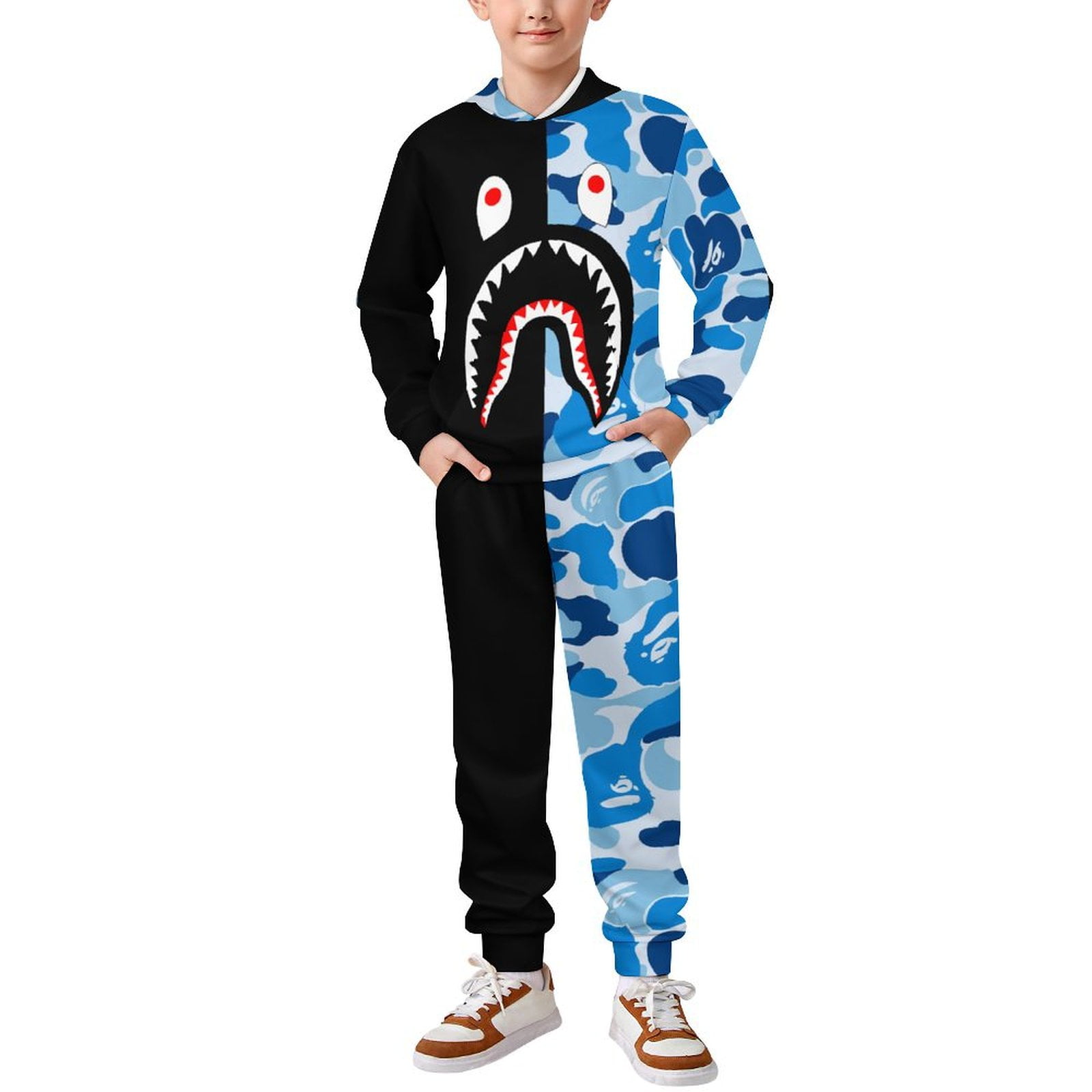 Bape Shark Camo Tracksuit Pullover Hoodie And Sweatpants 2 Pieces Sweatsuit Jogging Pants Set for Boys Girls Walmart