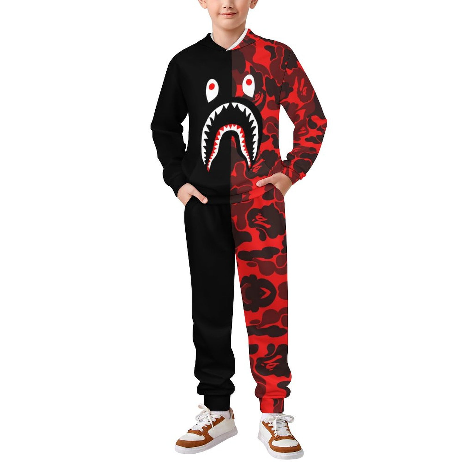 Bape Shark Camo Tracksuit Pullover Hoodie And Sweatpants 2 Pieces Sweatsuit Jogging Pants Set for Boys Girls