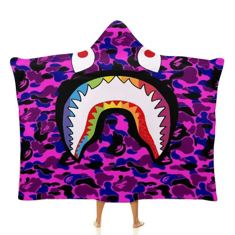 Bape Shark Camo Wearable Blanket Fleece Hooded Robe Cloak Throw Quilt Poncho Microfiber Sherpa Plush Warm Wrap Cape