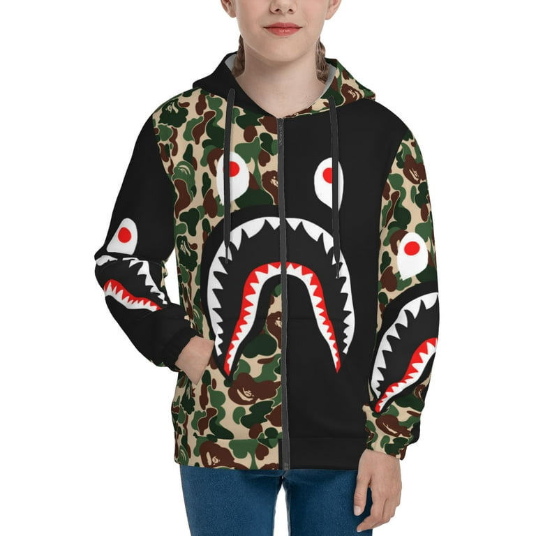 Bape Shark Kids Cartoon Zip Up Hoodie 3D Printed Pullover