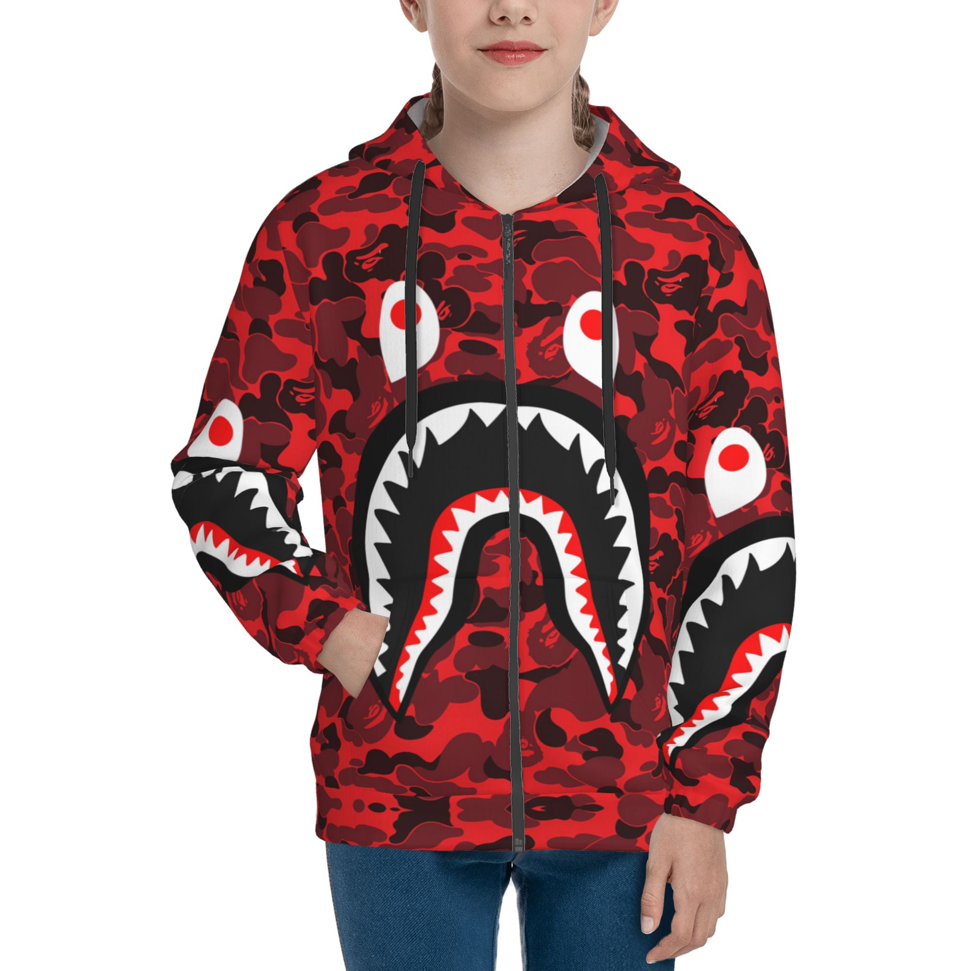 Bape Shark Kids Cartoon Zip Up Hoodie 3D Printed Pullover Sweatshirt Hooded Jacket with Pocket for Boys Girls Medium Walmart