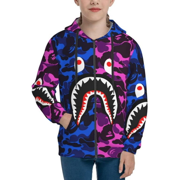 Bape Shark Kids Cartoon Zip Up Hoodie 3D Printed Pullover Sweatshirt Hooded Jacket with Pocket for Boys Girls Medium Walmart