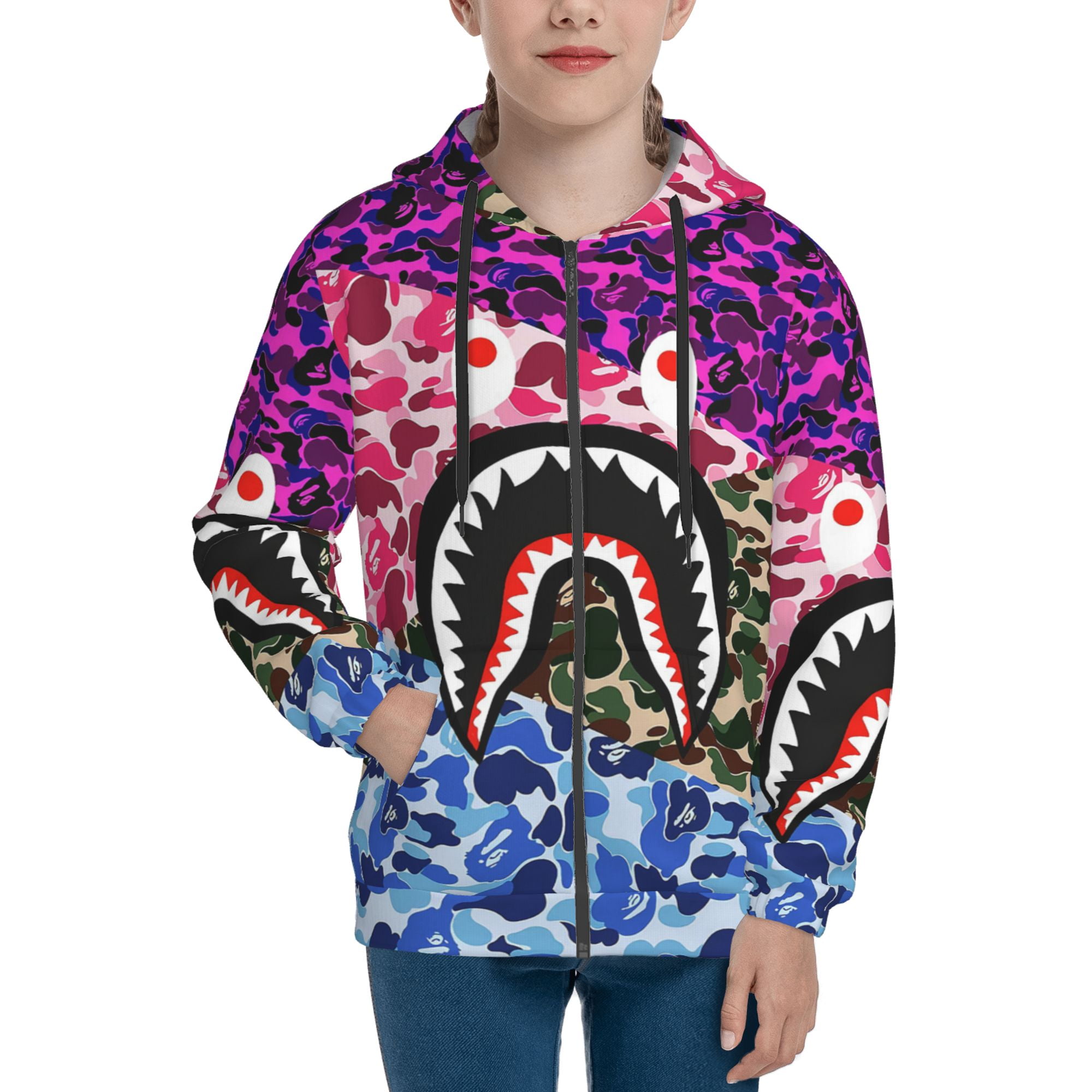 Bape Shark Kids Cartoon Zip Up Hoodie 3D Printed Pullover Sweatshirt Hooded Jacket with Pocket for Boys Girls Small