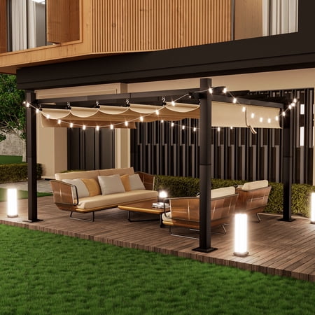 Bapipro 10x12 Outdoor Retractable Pergola with Sun-Proof Canopy, Patio Metal Pergolas Gazebos, Beige