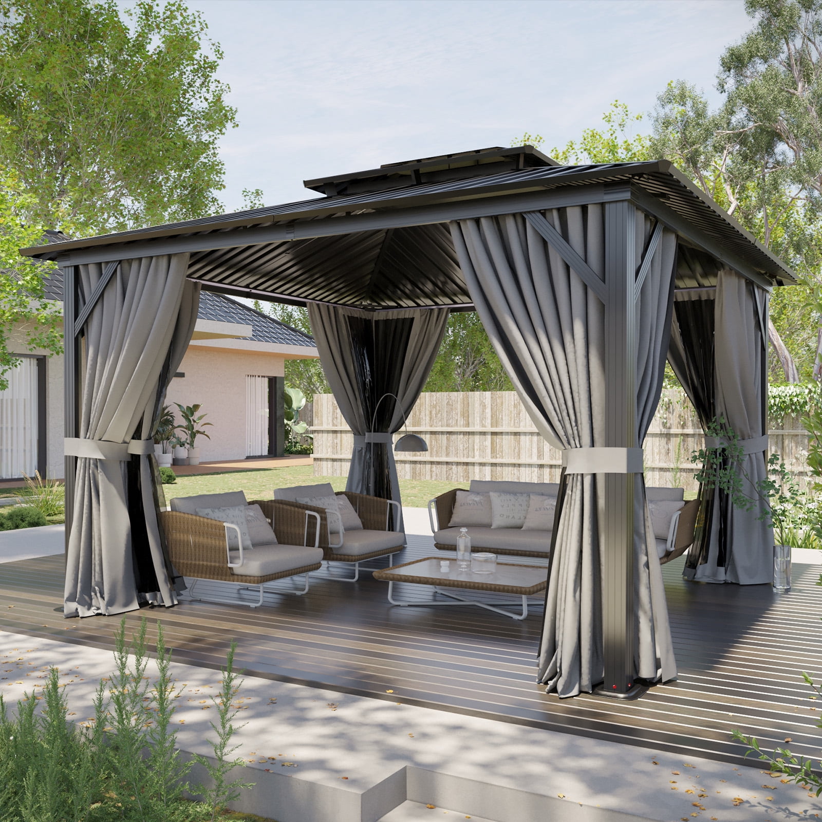 Bapipro 12'x10' Hardtop Gazebo, Aluminum Frame Permanent Pavilion with Curtains and Netting, Outdoor Metal Double Roof Canopy, Designed for Garden, Lawns, Patio, Gray
