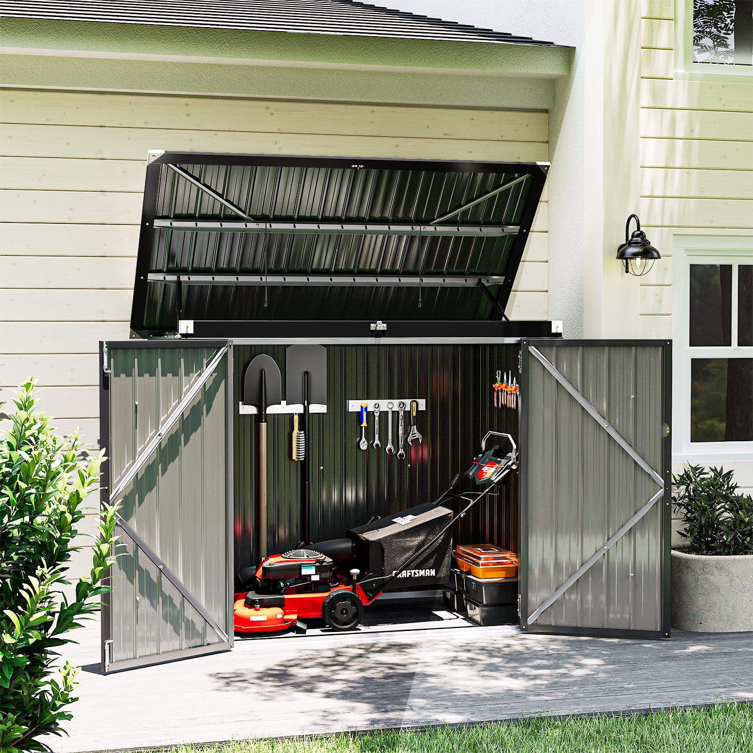 Bapipro 3.3’ x 5.6’ Storage Shed Outdoor Metal Garbage Can Shed with Lockable Doors and Easy Lift Hinges, Black