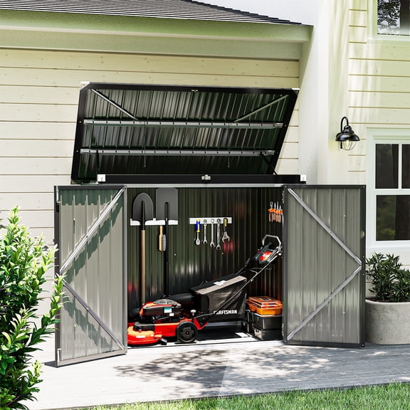 Bapipro 3.3 x 5.6 Storage Shed Outdoor Metal Garbage Can Shed with Lockable Doors and Easy Lift Hinges, Black