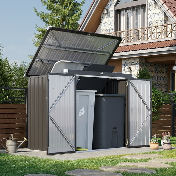 Bapipro 3'x5' Outdoor Storage Shed, 80 Cu ft Metal Garbage Can Shed with 3 Lockable Doors and Easy Lift Hinges, Horizontal Metal Storage Cabinet, Black