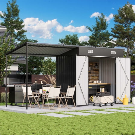 BaPiPro Open-Sided Storage Shed with Hardtop Pergola, 6x4 FT Shed and Outdoor Storage with 48 Sq.ft Covered, 2-in-1 Metal Shed, Black
