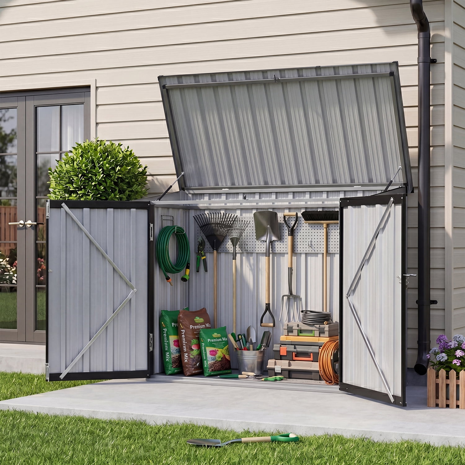 Bapipro 4'x2' Outdoor Garden Storage Cabinet, Metal Storage Shed with Lift-Up Lid and Lockable Double Doors, Weather Resistant Tool Storage for Patio, Backyard and Garden