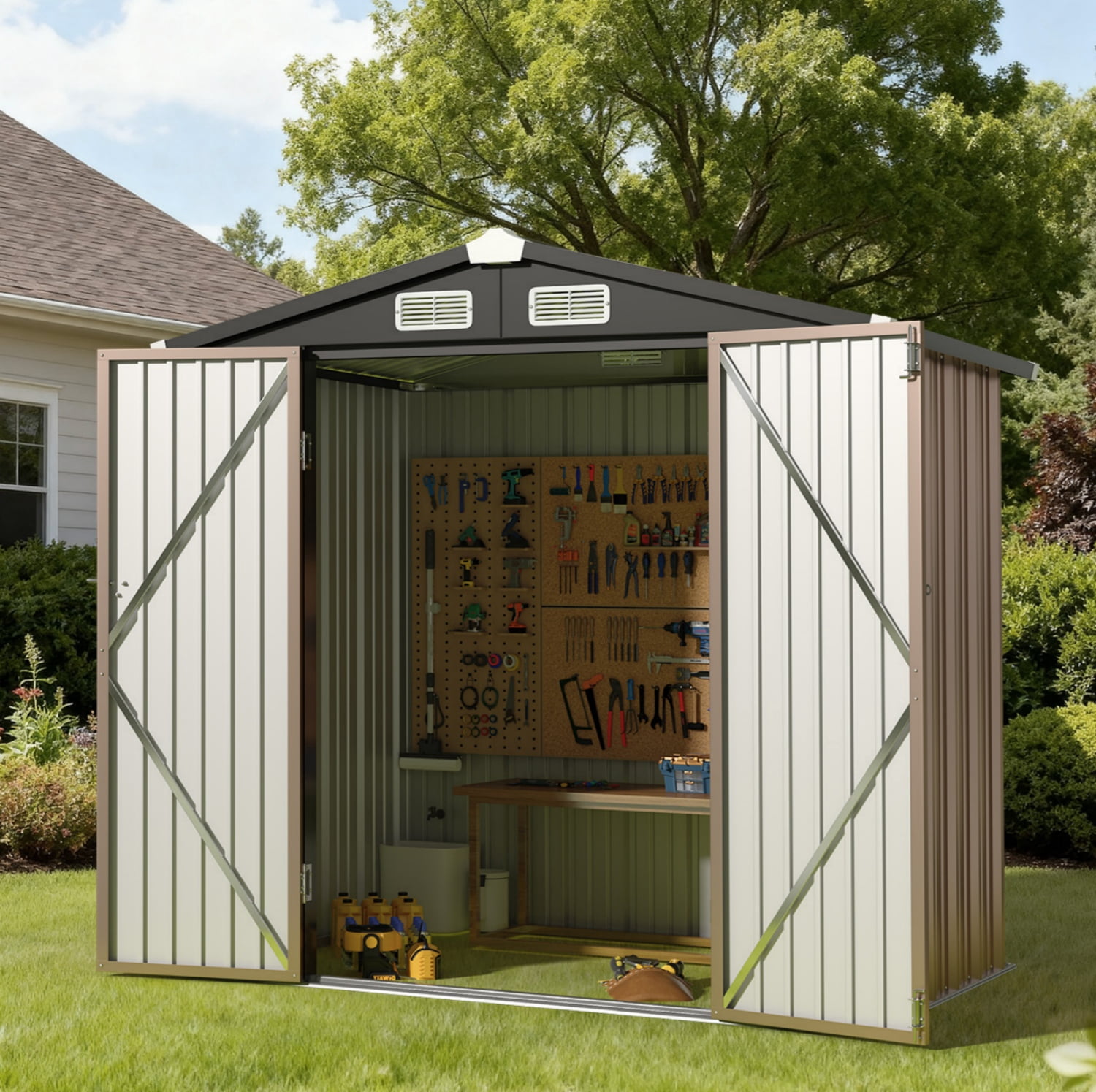 BaPiPro 6'x4' Metal Storage Shed, Outdoor Metal Shed Garden Tool Shed with Sloping Roof, Double Lockable Doors, Vents, Brown