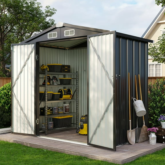 BaPiPro 6'x4' Metal Storage Shed, Outdoor Metal Shed Garden Tool Shed with Sloping Roof, Double Lockable Doors, Vents, Black