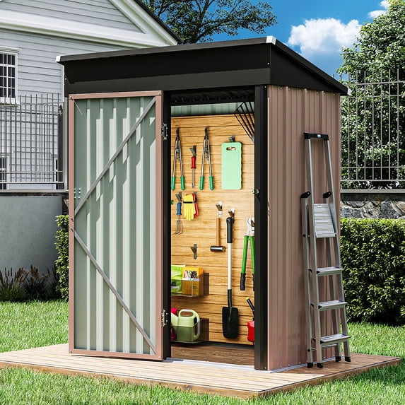 Bapipro 5' x 3' ft Outdoor Storage Shed with Base Frame, Garden Shed with Lockable Door,Metal(Brown)