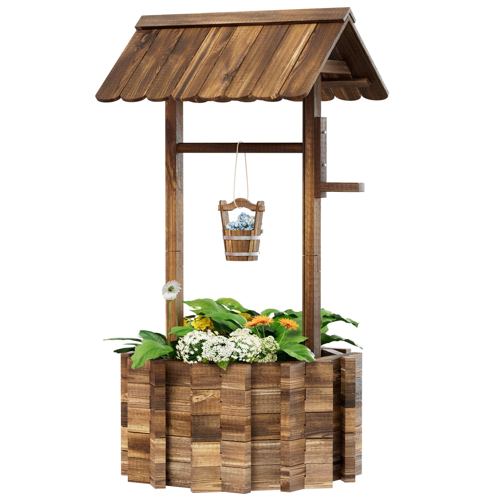 Bapipro Big Wishing Well Planter with Hanging Bucket for Flower and Plants, Wooden, Brown
