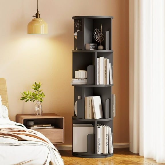 Bapipro Rotating Bookshelf, 360 Display 4 Tier, Small Corner Bookshelf for Small Space, Floor Standing Bookcase Storage Rack, Wood Narrow Book Shelf Organizer for Bedroom, Living Room, Black