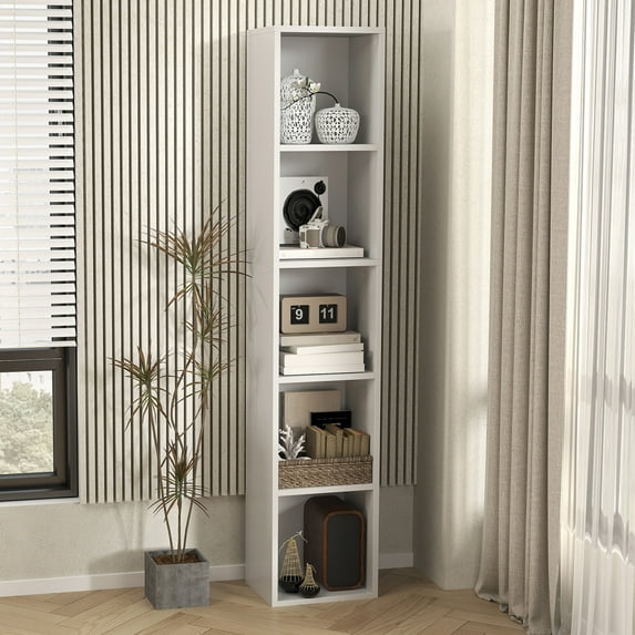 Bapipro Tall Narrow Bookshelf Tower, 5-Tier Cube Display Rack, Modern Corner Bookcase with Storage Space, Storage Cabinet for Home Office,White