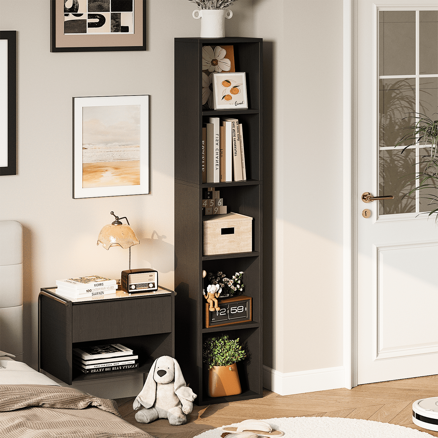 Bapipro Tall Narrow Bookshelf, 5-Tier Cube Display Rack, Modern Corner Bookshelf with Storage Space, Storage Cabinet for Home Office (Black 1 Pack)