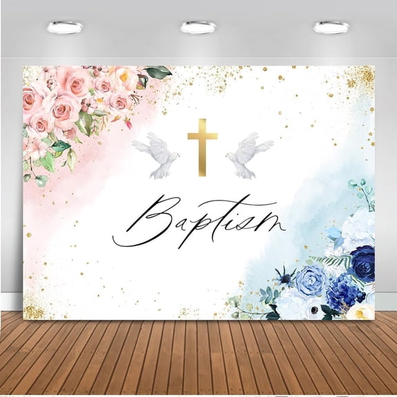 Baptism Backdrop Blue and Pink Floral God Bless First Communion Baptism Christening Party Decorations Cross Pigeon Newborn Baby Shower Photography Background