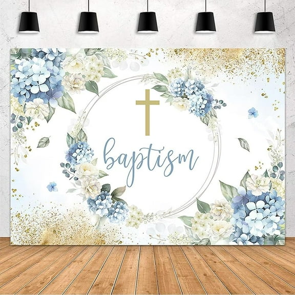 Baptism Backdrop for Boy God Bless First Holy Communion Blue White Hydrangea Baby Shower Photography Background God Bless Gold Cross Baptism Party Decoration Supplies Cake Table Banner