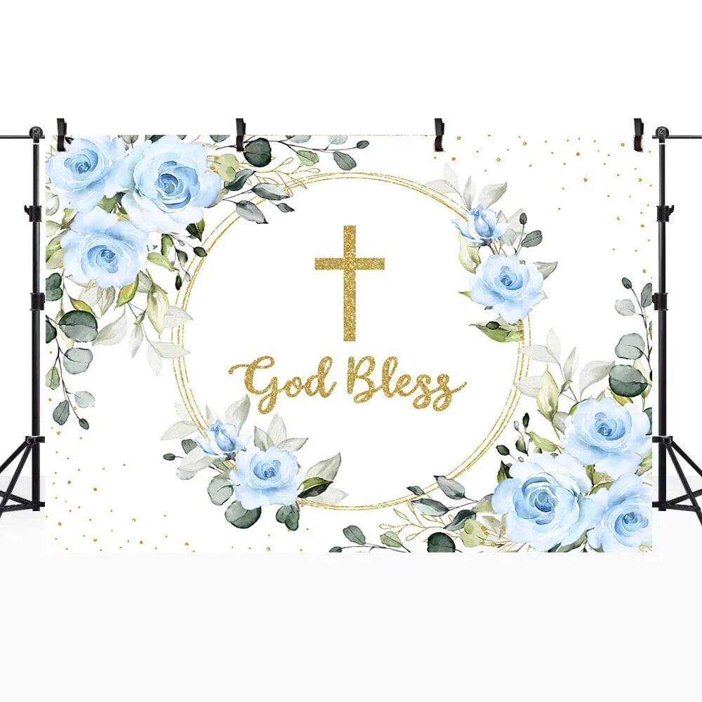 Baptism Backdrop Cross God Bless Leaves Newborn Christening Photography
