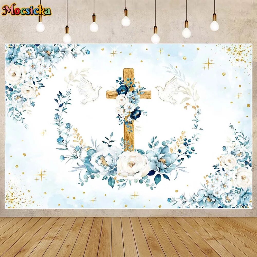 Baptism Backdrop Wooden Cross White Dove Boy First Communion Party