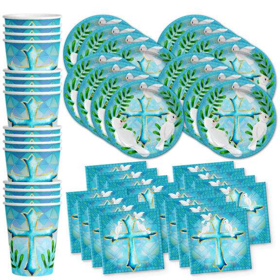 Baptism Boy Party Supplies Set Plates Napkins Cups Tableware Kit for 16 
