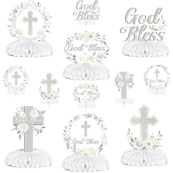 Baptism Centerpieces Table Decorations - 12Pcs God Bless White Sliver Floral Honeycomb Centerpieces Table Decor Cross Religious Party Table Toppers for Bible Baby Shower Birthday Party Decor