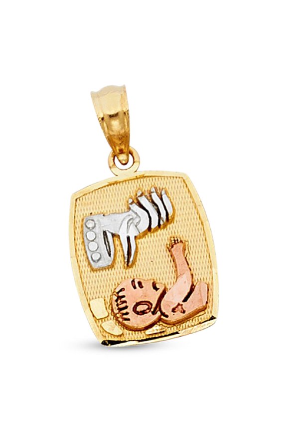 Baptism Charm Solid 14k Yellow White Rose Gold Religious Pendant Diamond Cut Genuine 15 x 10 mm