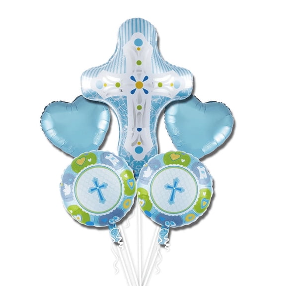 Baptism Communion Decoration Cross Celebration Theme Foil Balloons 5 pc set, Blue