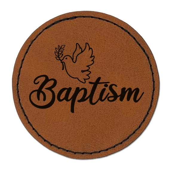 Baptism Dove Christening 2.5" Faux Leather Round Engraved Iron-On Patch - Brown