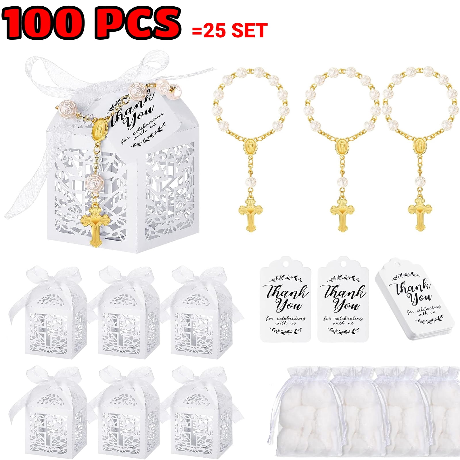 Baptism Favors Set, Acrylic Rosary Beads Faux Pearls with Organza Bags and Cross Baptism Favor Boxes Recuerdo for Christening Weddings Party Favors