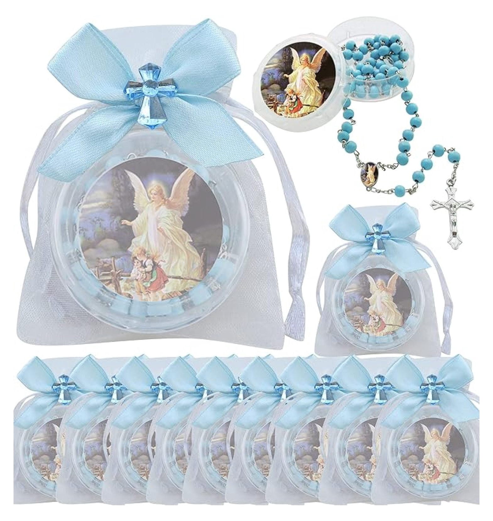 Baptism First Communon Blue Scented Wood Rosary Favor - 12pcs Angel Rosaries with individual Gift Box and Decorated Pouches