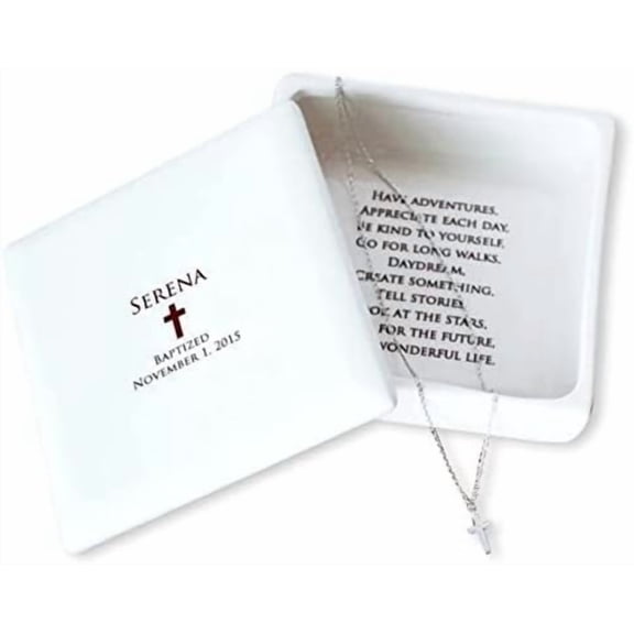 Baptism Gift, Christening Gift, Confirmation Gift, First Communion Gift, Godchild Gift -Square Keepsake Box w/Cross Necklace$$Home Decor, Kitchen, & Other