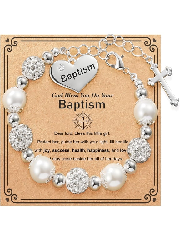 Baptism Girl's Cross Bracelet, Catholic Jewelry Gift for Kids Daughter Goddaughter Granddaughter 6+2 Inches