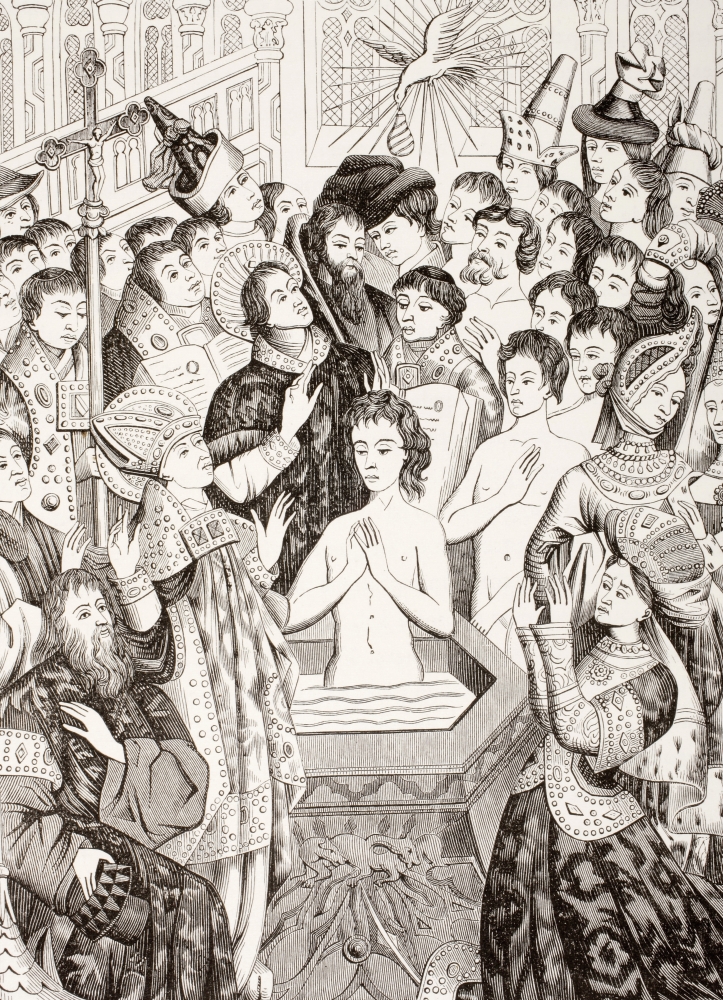 The Baptism Of King Clovis I Of France By Saint Remigius After A Fragment From A 15Th Century Painting From Les Artes Au Moyen Age Published Paris 1873 Canvas Art - Ken Welsh Design Pics (24 x 34)