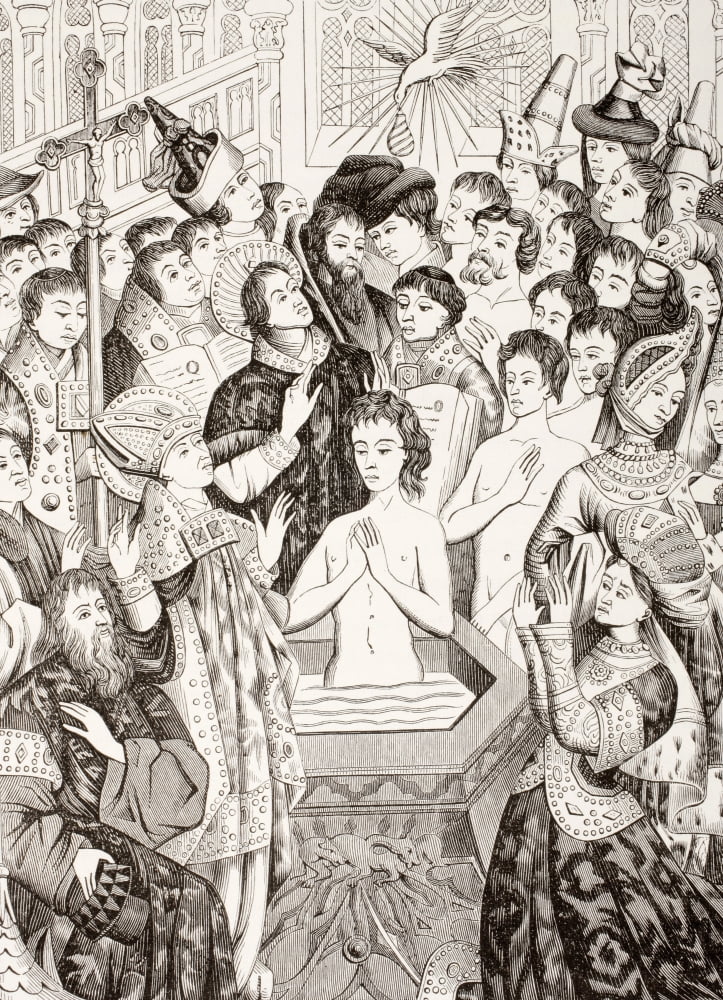 The Baptism Of King Clovis I Of France By Saint Remigius After A Fragment From A 15Th Century Painting From Les Artes Au Moyen Age Published Paris 1873 Canvas Art - Ken Welsh Design Pics (12 x 17)