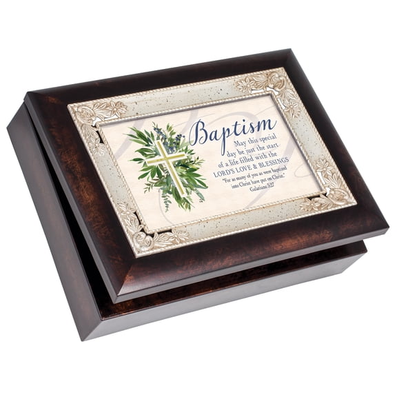 Baptism Lord's Love Brown 6 x 3 x 8 Music Box Plays Tune Friend In Jesus