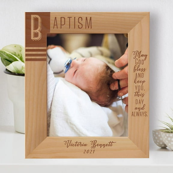 Baptism May God Bless And Keep You, This Day And Always Personalized Wooden Frame 8" x 10" Brown (Vertical)