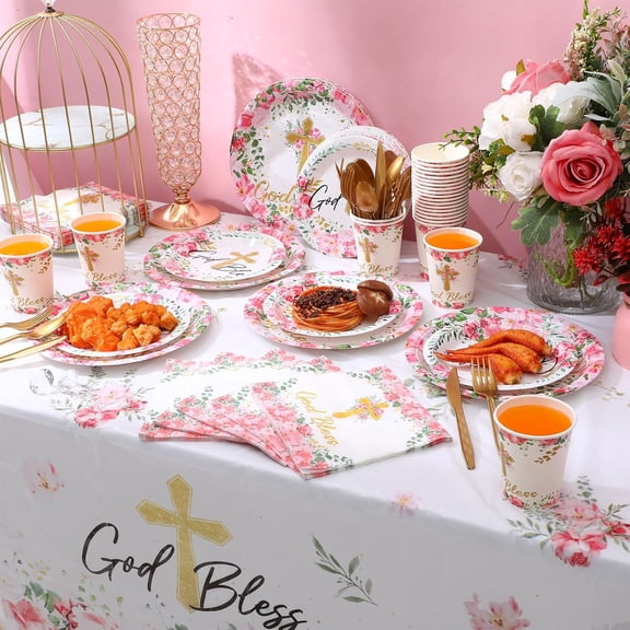 Baptism Plates and Napkins Tablecloth Cups Decorations Cross Disposable Holy Communion Set for Wedding Religious First Holy Communion Party Supplies