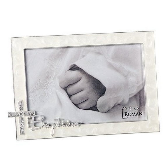 Baptism Script With Jewel Tone Cross Swirled Ivory 7.25 x 5 Zinc Photo Frame