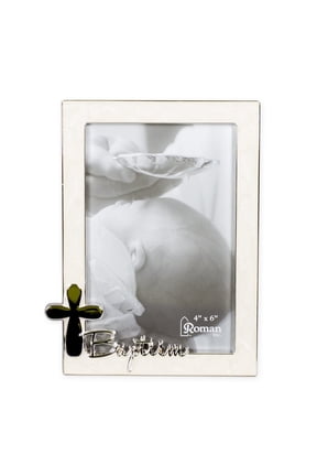 Baptism Silver Finish Cross 4 x 6 Photo Pearl Trim Picture Frame