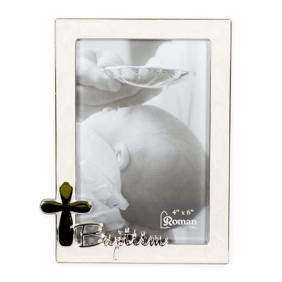 Baptism Silver Finish Cross 4 x 6 Photo Pearl Trim Picture Frame