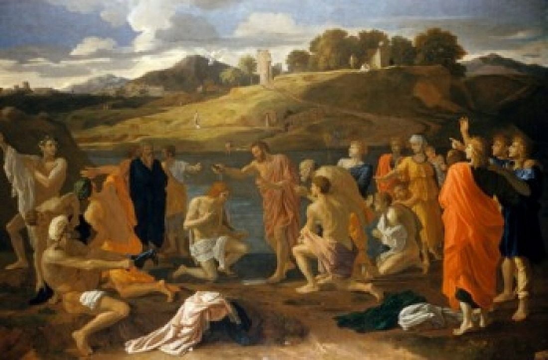 Baptism of Christ #2 by Nicolas Poussin (1594-1665) Canvas Art - Nicolas Poussin (24 x 36)