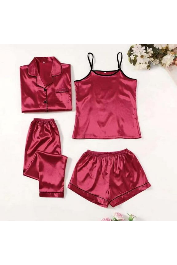 4Pcs Women Satin Silk Sleepwear Pajama Set Long Sleeve Button Down Loungewear Loungewear Set Lounge Set Womens Pajama Sets Women Clothing Pajamas For Women,Color Wine,Size S