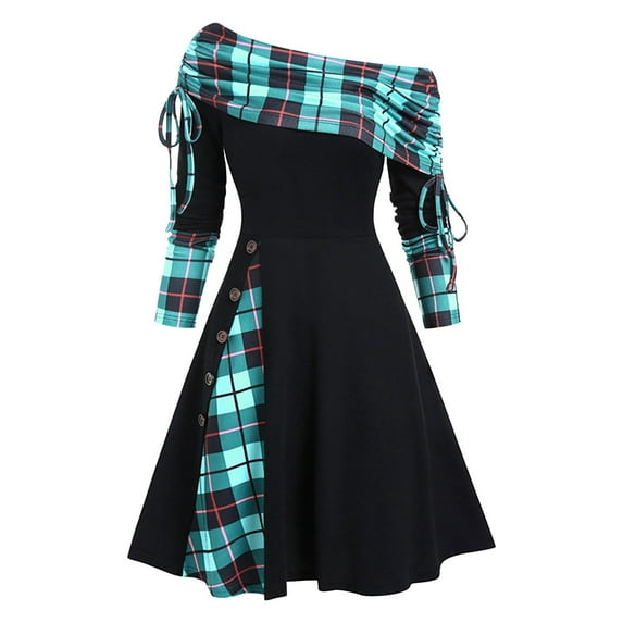 Baqcunre Autumn And Winter Plaid Patchwork Waistband Large Swing Off Shoulder Long Sleeved Casual Dress Long Dress Women'S Casual Dresses Fall Dresses For Women,Womens Dresses,Color Sky Blue,Size L