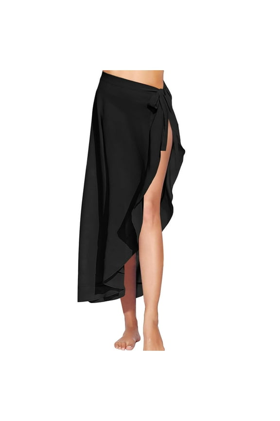 Beach Towel, Women Sarong Ruffle Tie Swimsuit Cover Up Skirt Chiffon Beach Wrap Long Bathing Suit Cover Ups Black S